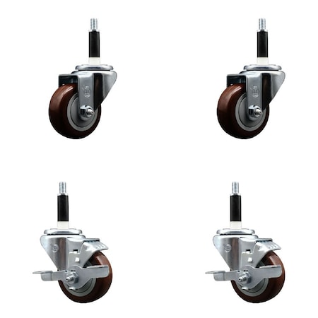 Service Caster 3'' SS Maroon Poly Wheel Swivel 7/8'' Expanding Stem Caster Set 2 Brakes, 4PK SCC-SSEX20S314-PPUB-MRN-2-TLB-2-78